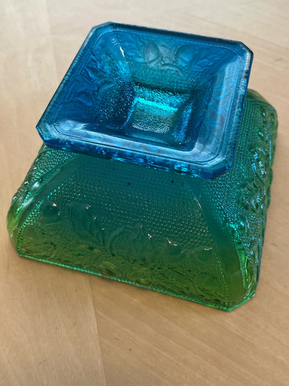 Vintage Jeanette Glass Embossed Glass Covered Pedestal Dish in Blue Green Ombre - Picture 7 of 15